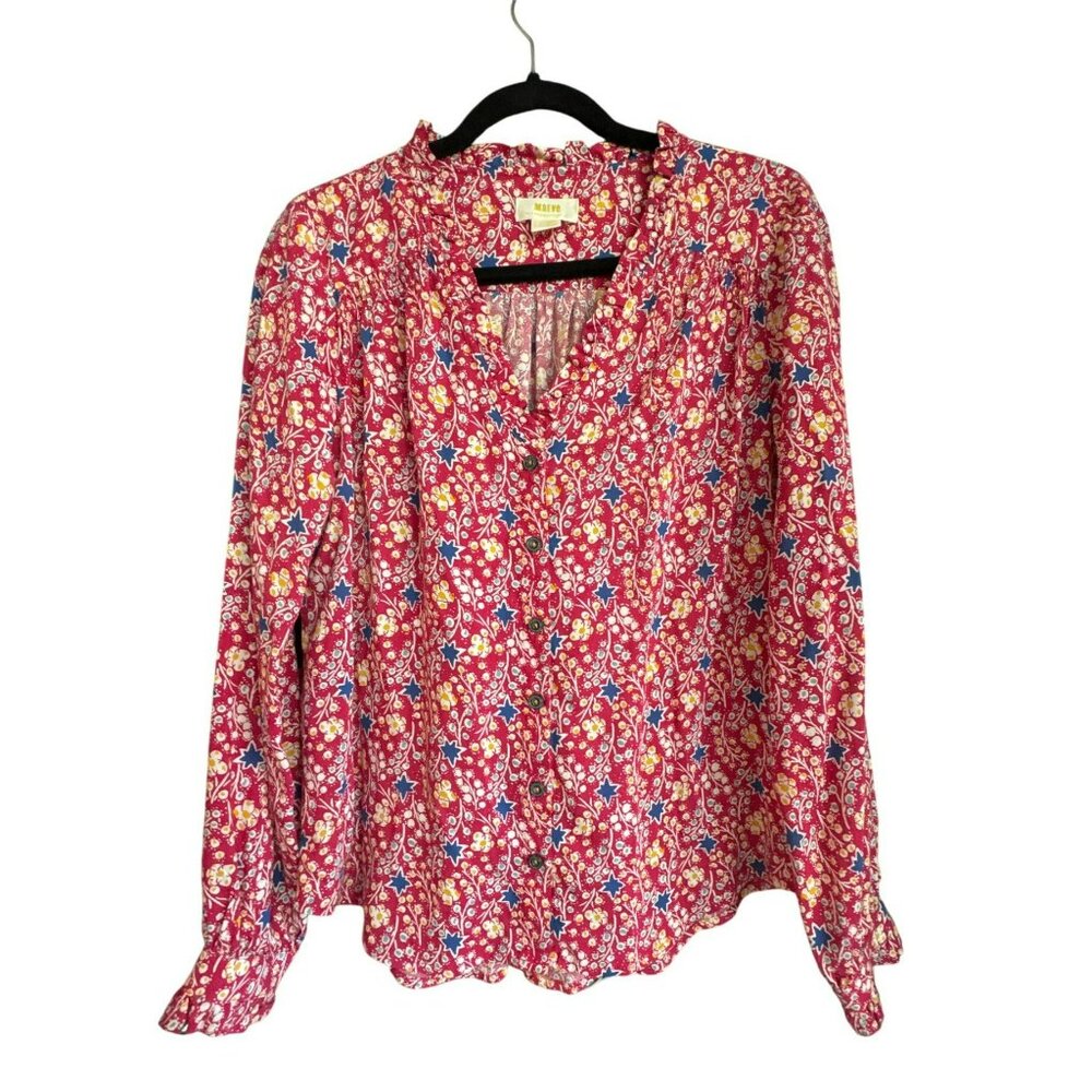 Maeve Anthropologie Floral Star Button Down Shirt 2 Pink Ruffle Smocked Blouse